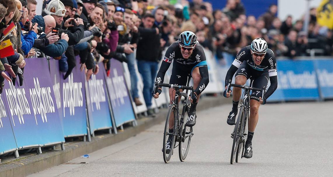 Ian Stannard del Team Sky trionfa alla Omloop Het Nieuwsblad a Ghent, Belgio. Il britannico, vincitore nel 2014, percorre gli ultimi 40 km in compagnia di tre Etixx-Quick Step (Boonen, Vandenbergh e Terpstra). In volata la zampata vincente nei confronti dell’olandese re dell’ultima Roubaix (Epa)